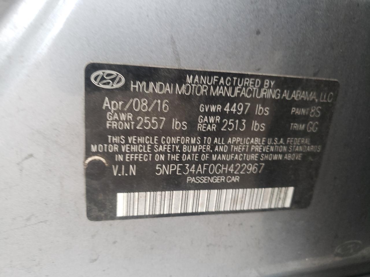 Photo 10 from auction – 2016 HYUNDAI SONATA SPO with VIN 5NPE34AF0GH422967