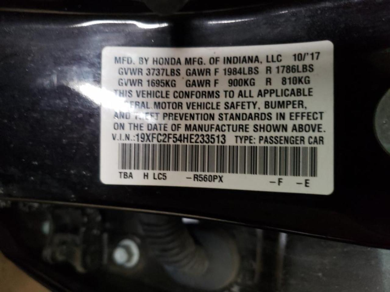 Photo 10 from auction – 2017 HONDA CIVIC LX with VIN 19XFC2F54HE233513