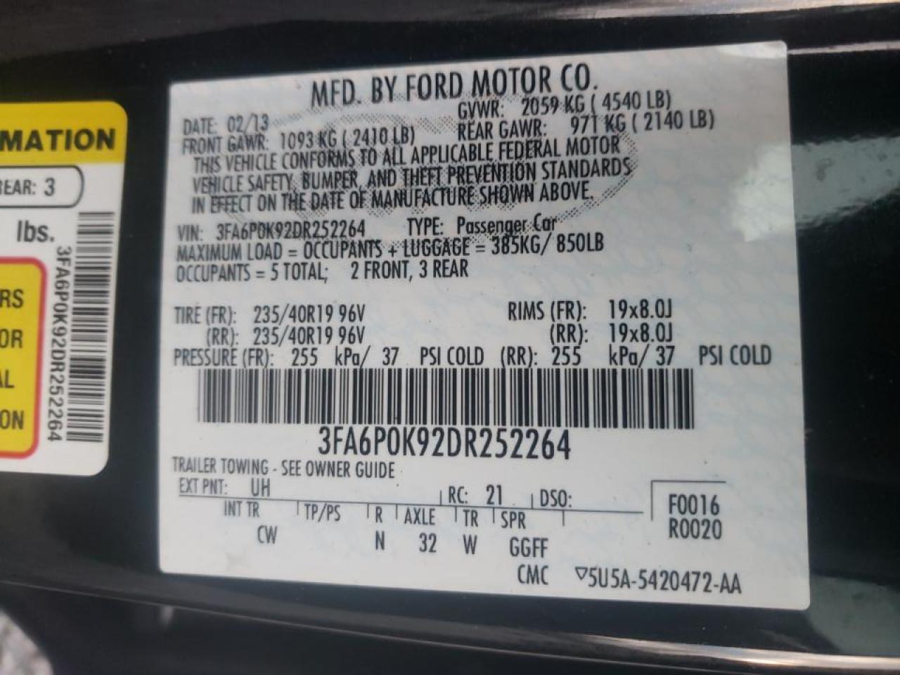 Photo 10 from auction – 2013 FORD FUSION TIT with VIN 3FA6P0K92DR252264