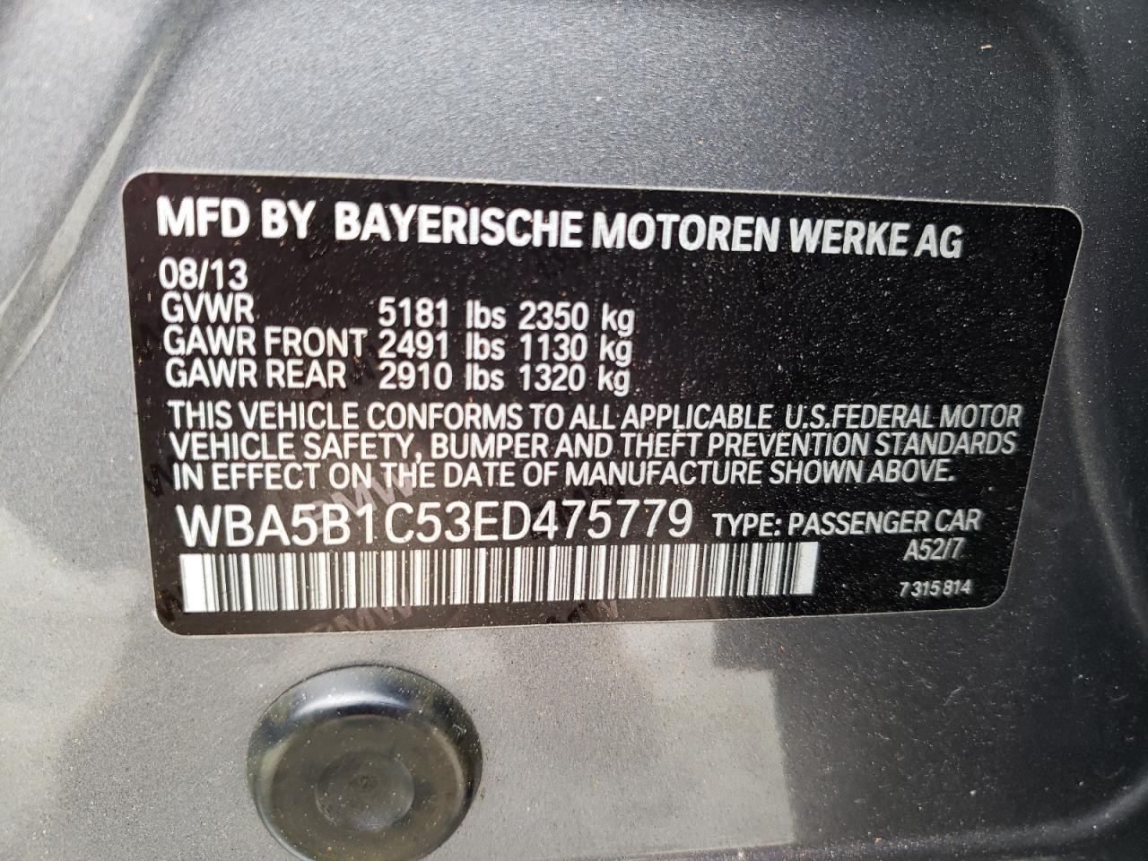 Photo 10 from auction – 2014 BMW 535 I with VIN WBA5B1C53ED475779