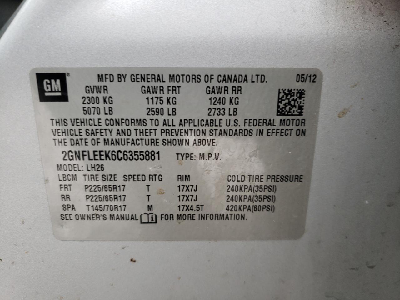 Photo 10 from auction – 2012 CHEVROLET EQUINOX LT with VIN 2GNFLEEK6C6355881