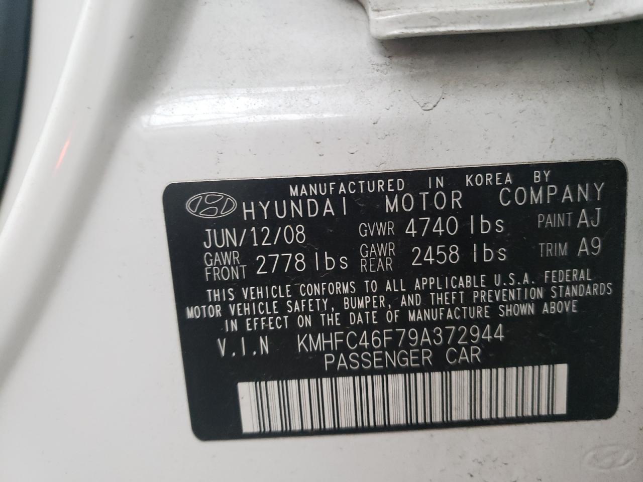 Photo 10 from auction – 2009 HYUNDAI AZERA SE with VIN KMHFC46F79A372944