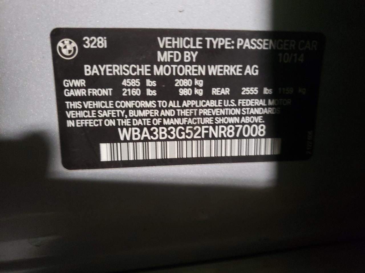 Photo 10 from auction – 2015 BMW 328 XI with VIN WBA3B3G52FNR87008