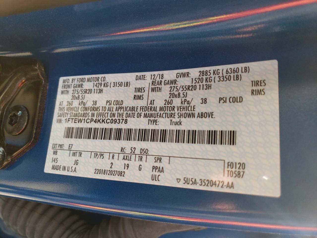 Photo 10 from auction – 2019 FORD F150 SUPER with VIN 1FTEW1CP4KKC09378