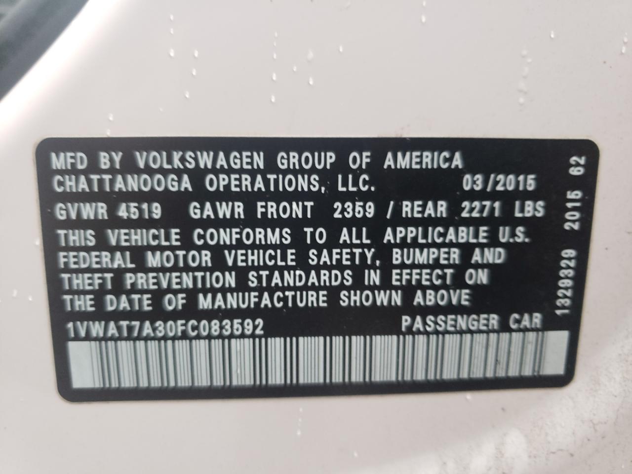 Photo 10 from auction – 2015 VOLKSWAGEN PASSAT S with VIN 1VWAT7A30FC083592