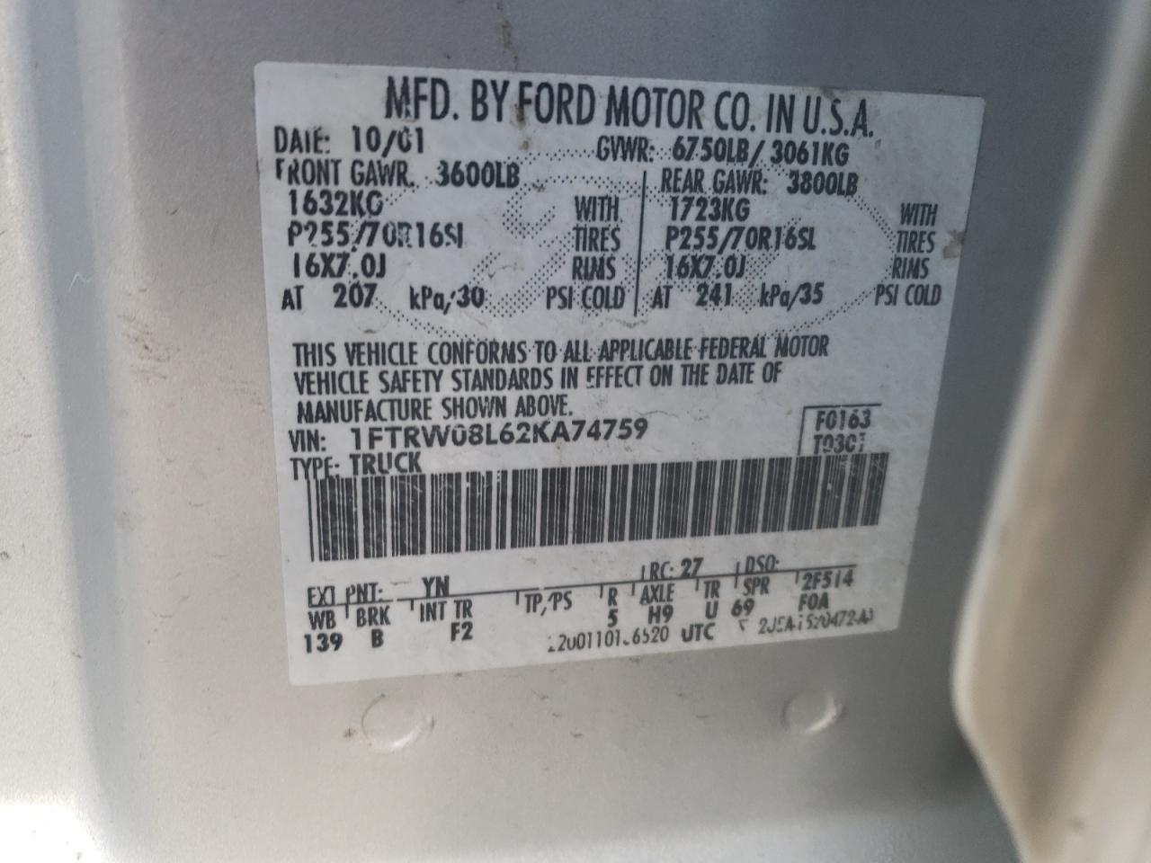 Photo 10 from auction – 2002 FORD F150 SUPER with VIN 1FTRW08L62KA74759
