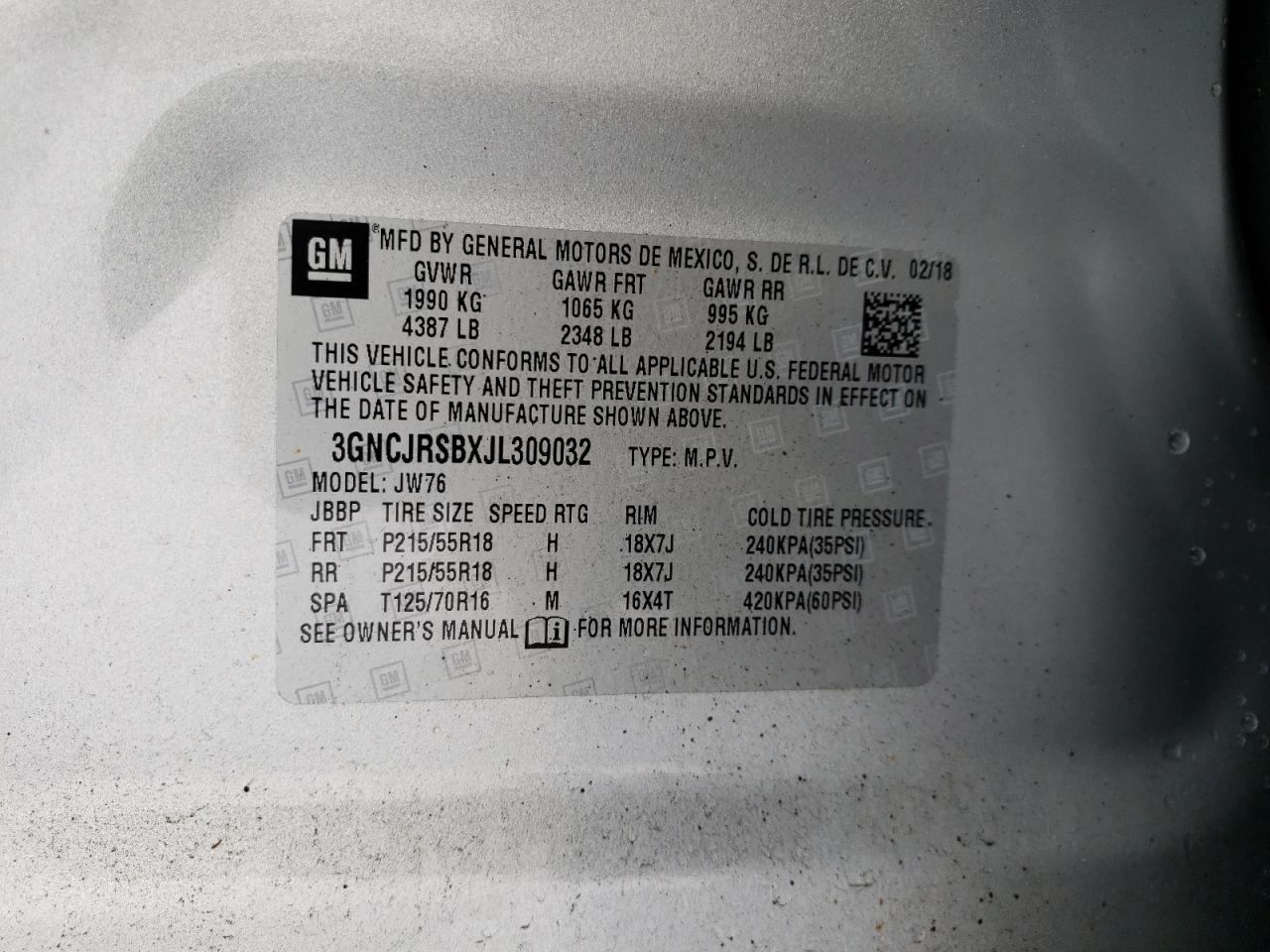 Photo 10 from auction – 2018 CHEVROLET TRAX PREMI with VIN 3GNCJRSBXJL309032