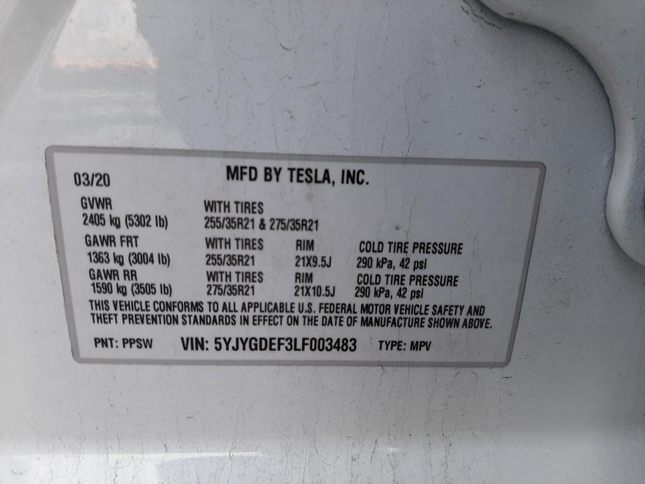 Photo 10 from auction – 2020 TESLA MODEL Y with VIN 5YJYGDEF3LF003483