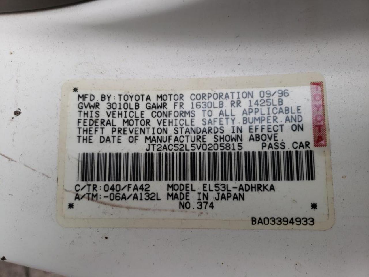 Photo 10 from auction – 1997 TOYOTA TERCEL CE with VIN JT2AC52L5V0205815