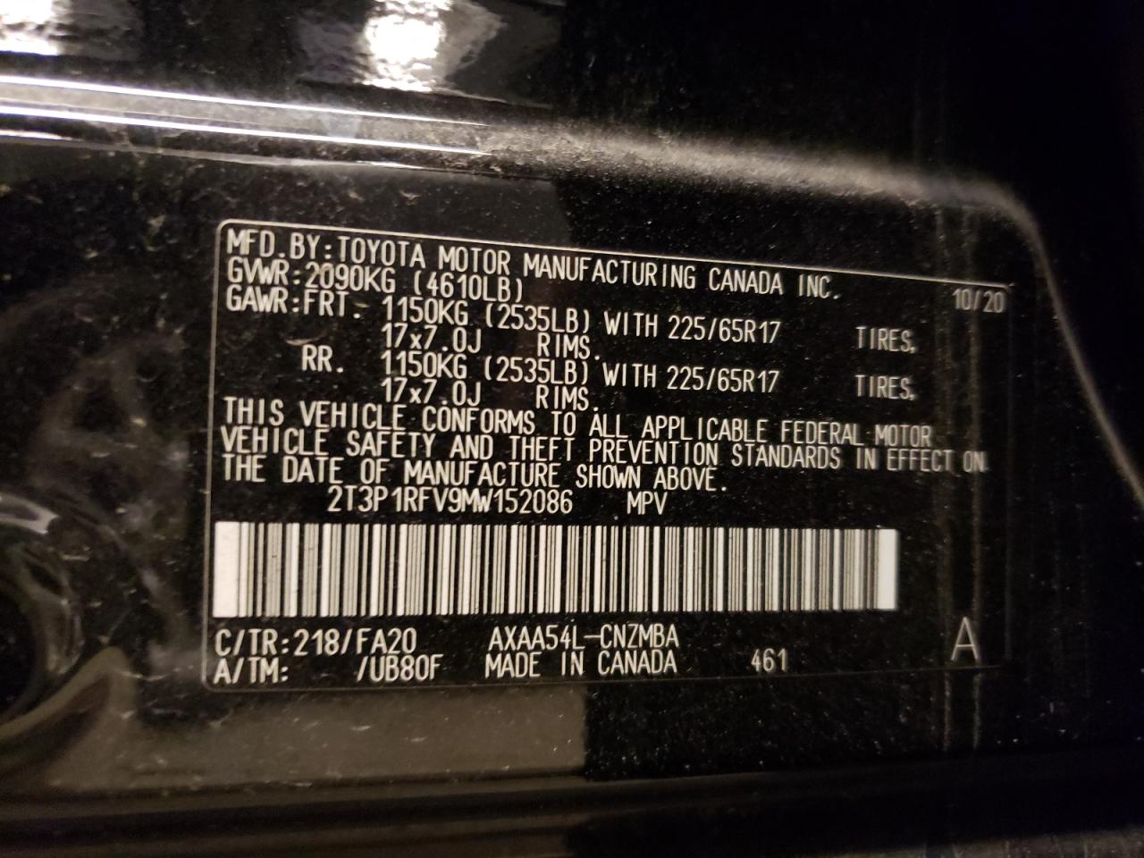 Photo 10 from auction – 2021 TOYOTA RAV4 XLE with VIN 2T3P1RFV9MW152086