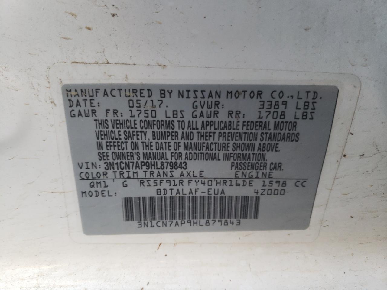 Photo 10 from auction – 2017 NISSAN VERSA S with VIN 3N1CN7AP9HL879843