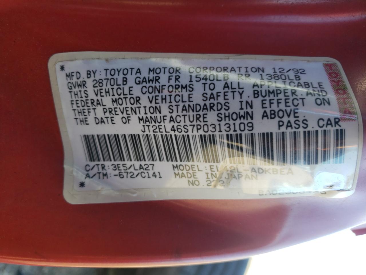 Photo 10 from auction – 1993 TOYOTA TERCEL STD with VIN JT2EL46S7P0313109