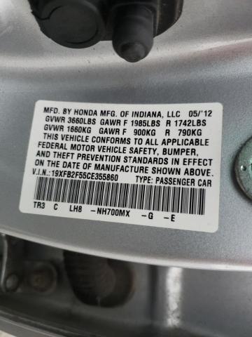 Photo 10 from auction – 2012 HONDA CIVIC LX with VIN 19XFB2F55CE355860