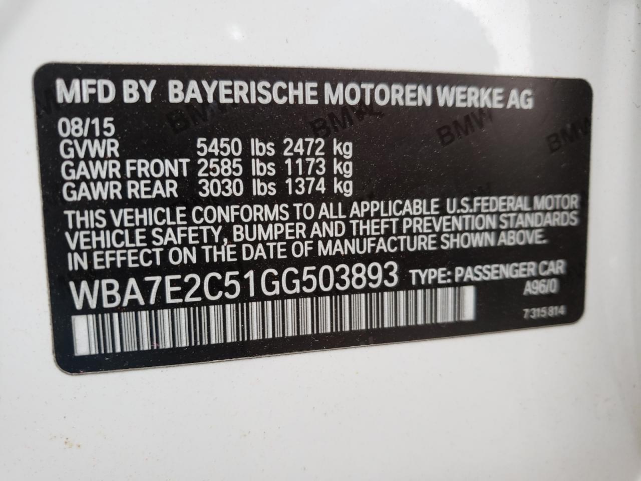 Photo 10 from auction – 2016 BMW 740 I with VIN WBA7E2C51GG503893