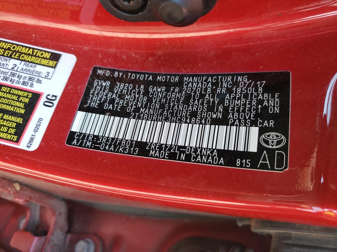 Photo 10 from auction – 2017 TOYOTA COROLLA L with VIN 2T1BURHE3HC948640