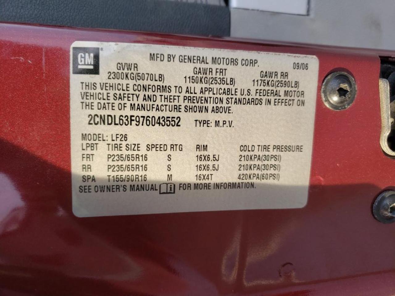 Photo 10 from auction – 2007 CHEVROLET EQUINOX LT with VIN 2CNDL63F976043552