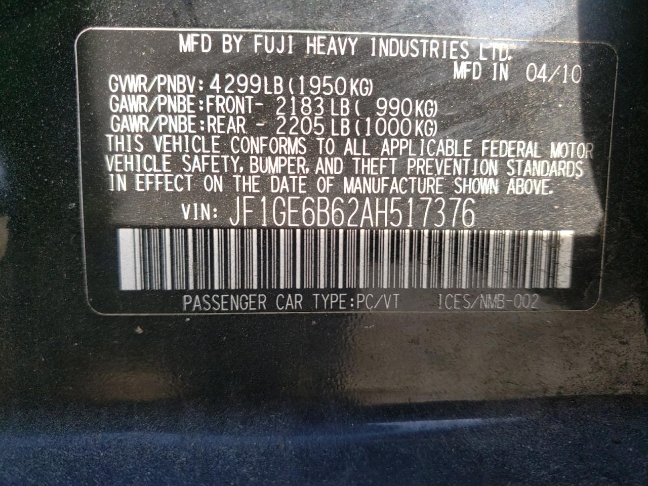 Photo 10 from auction – 2010 SUBARU IMPREZA 2. with VIN JF1GE6B62AH517376