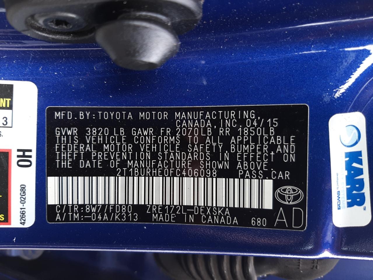 Photo 10 from auction – 2015 TOYOTA COROLLA L with VIN 2T1BURHE0FC406098