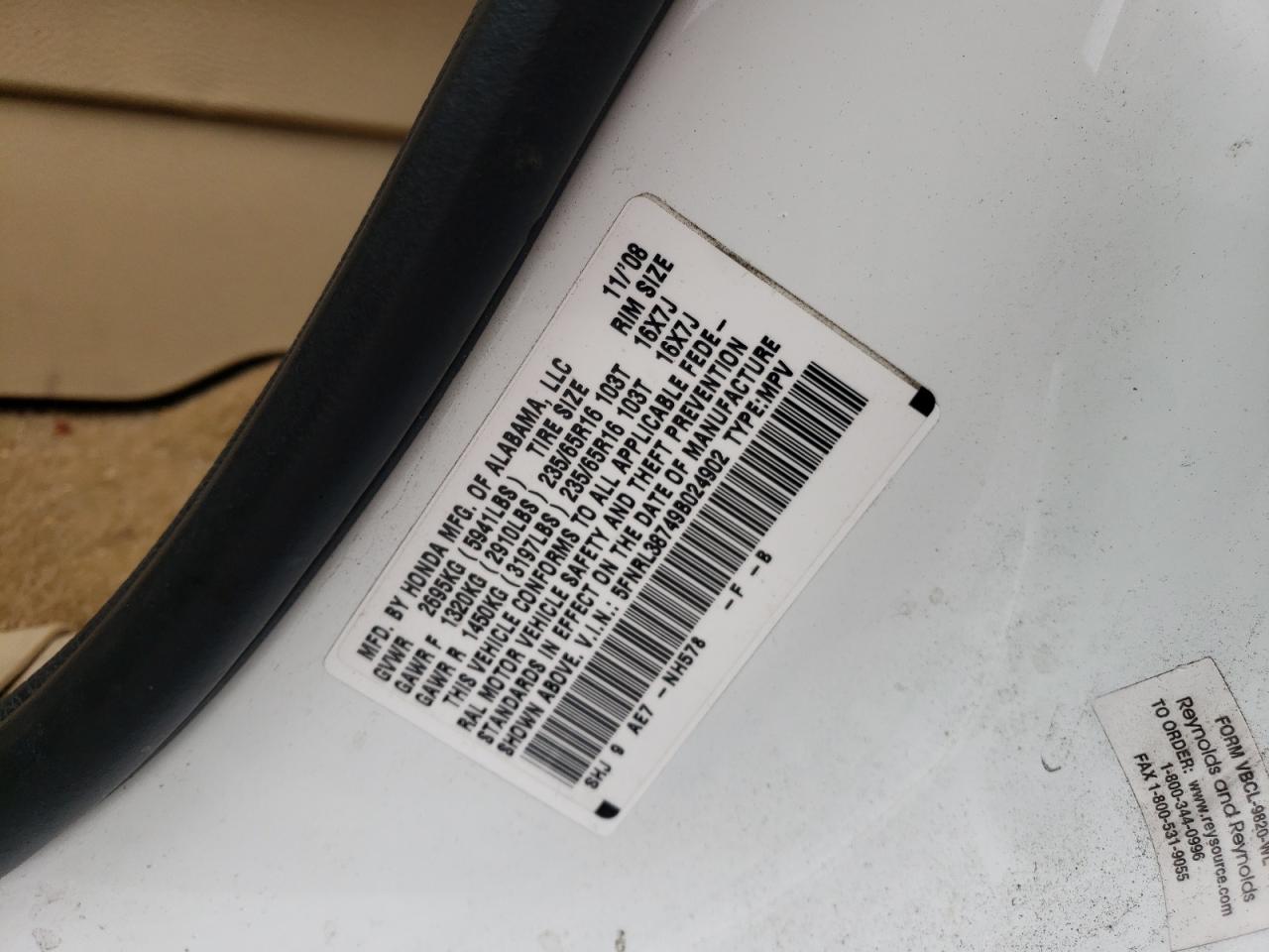 Photo 10 from auction – 2009 HONDA ODYSSEY EX with VIN 5FNRL38749B024902