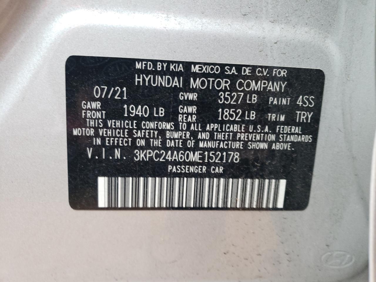 Photo 10 from auction – 2021 HYUNDAI ACCENT SE with VIN 3KPC24A60ME152178