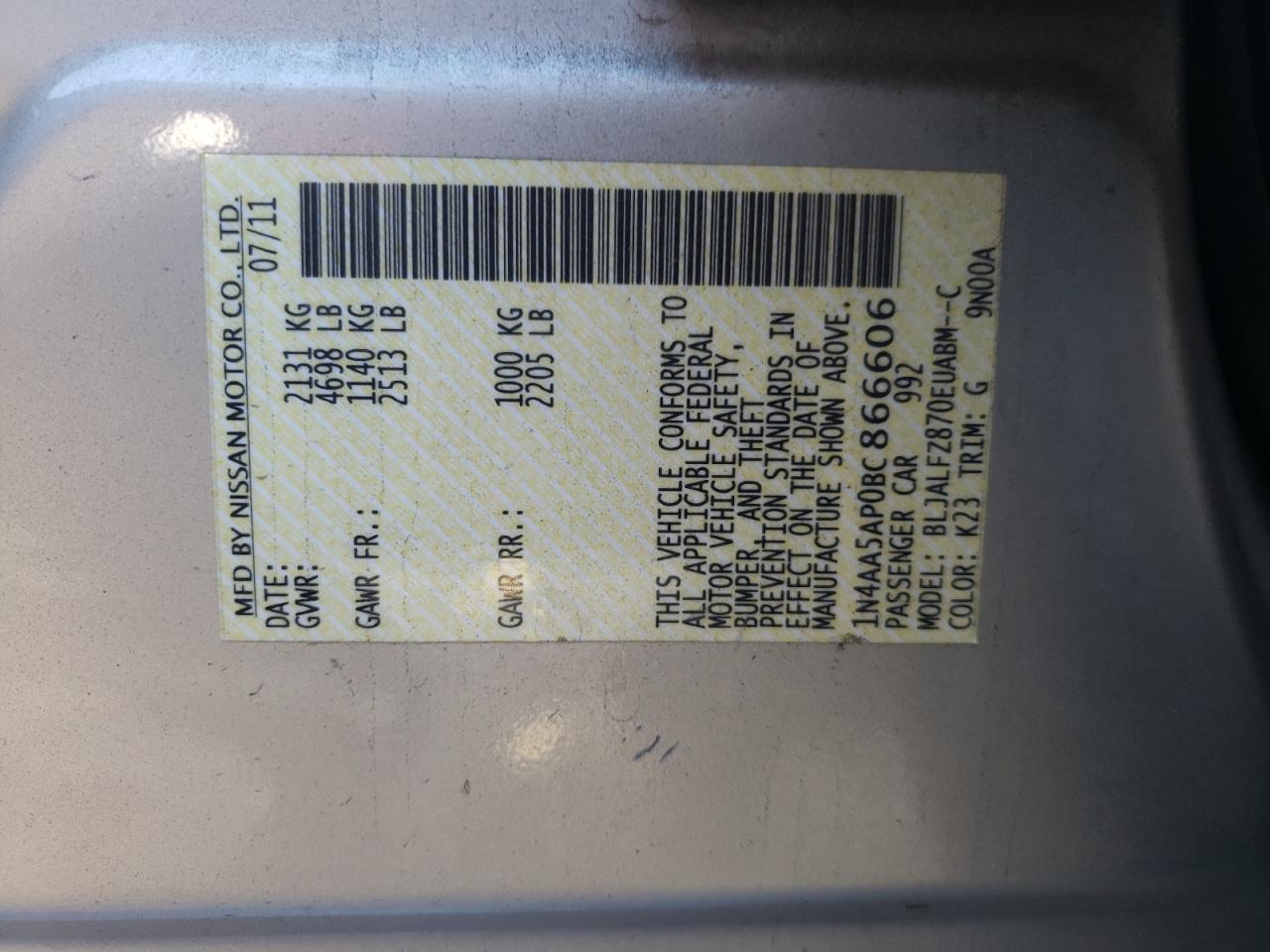 Photo 10 from auction – 2011 NISSAN MAXIMA S with VIN 1N4AA5AP0BC866606