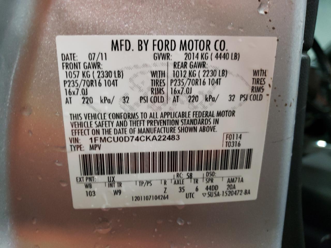 Photo 10 from auction – 2012 FORD ESCAPE XLT with VIN 1FMCU0D74CKA22483