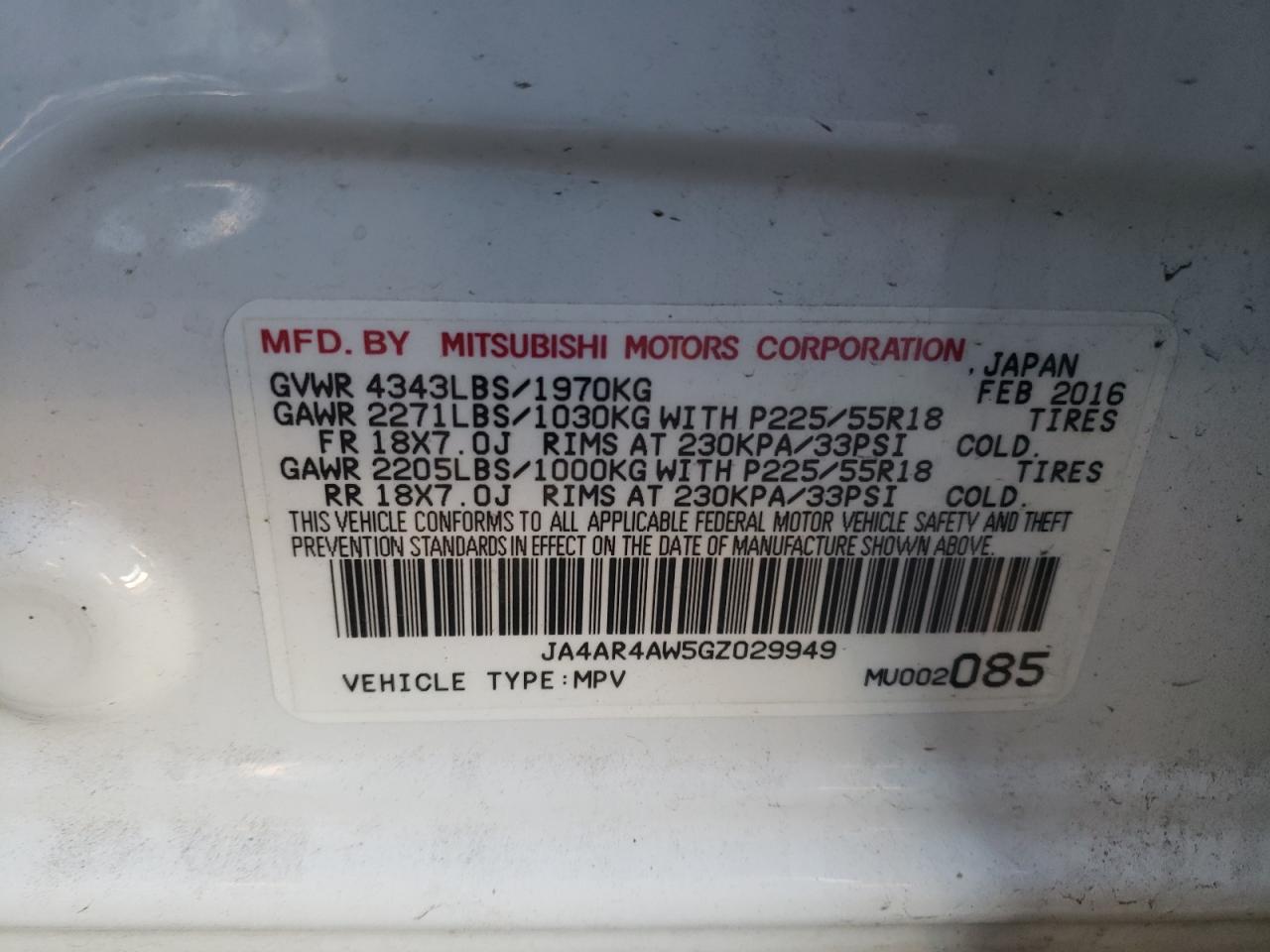 Photo 10 from auction – 2016 MITSUBISHI OUTLANDER with VIN JA4AR4AW5GZ029949