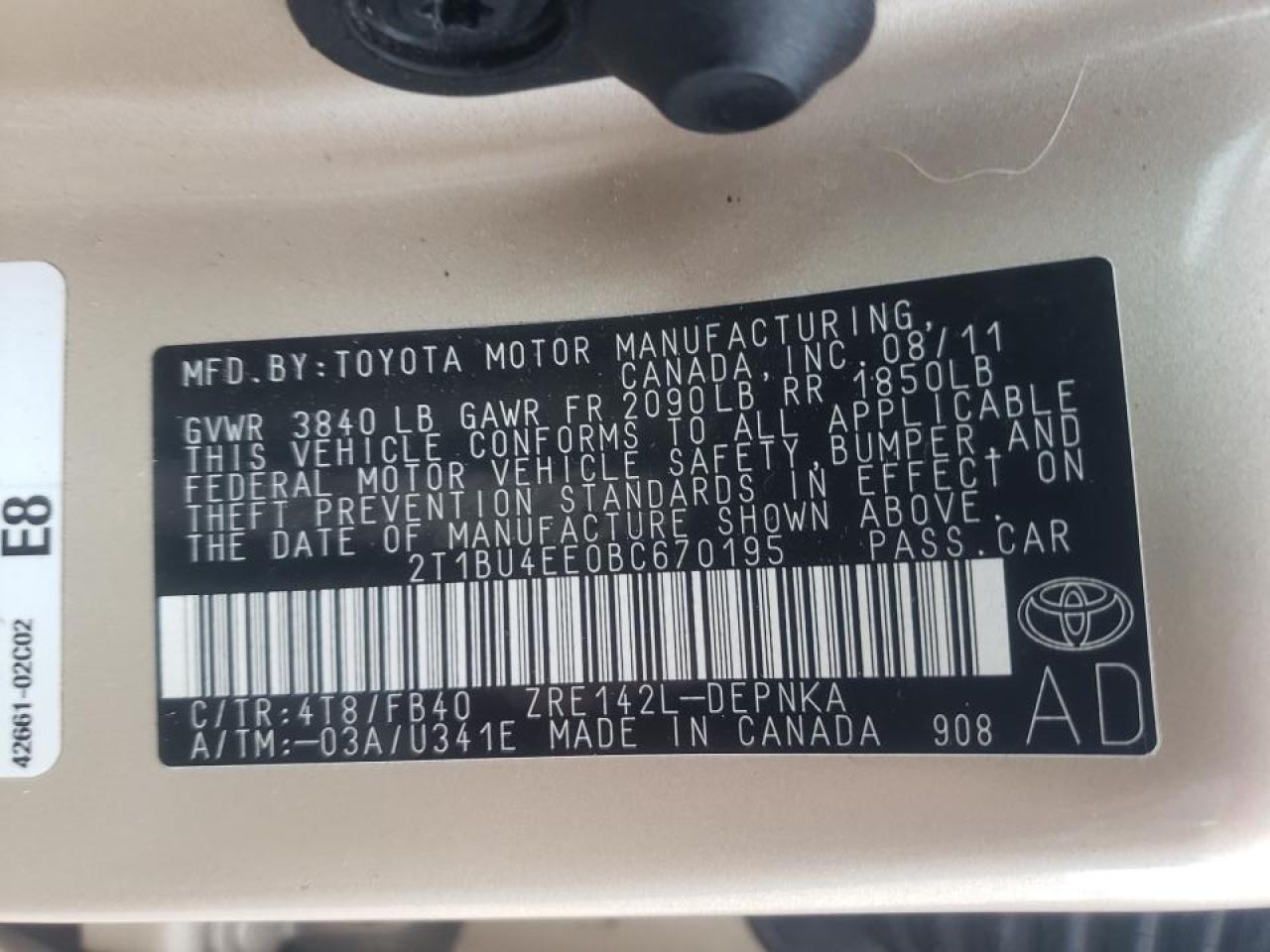 Photo 10 from auction – 2011 TOYOTA COROLLA BA with VIN 2T1BU4EE0BC670195
