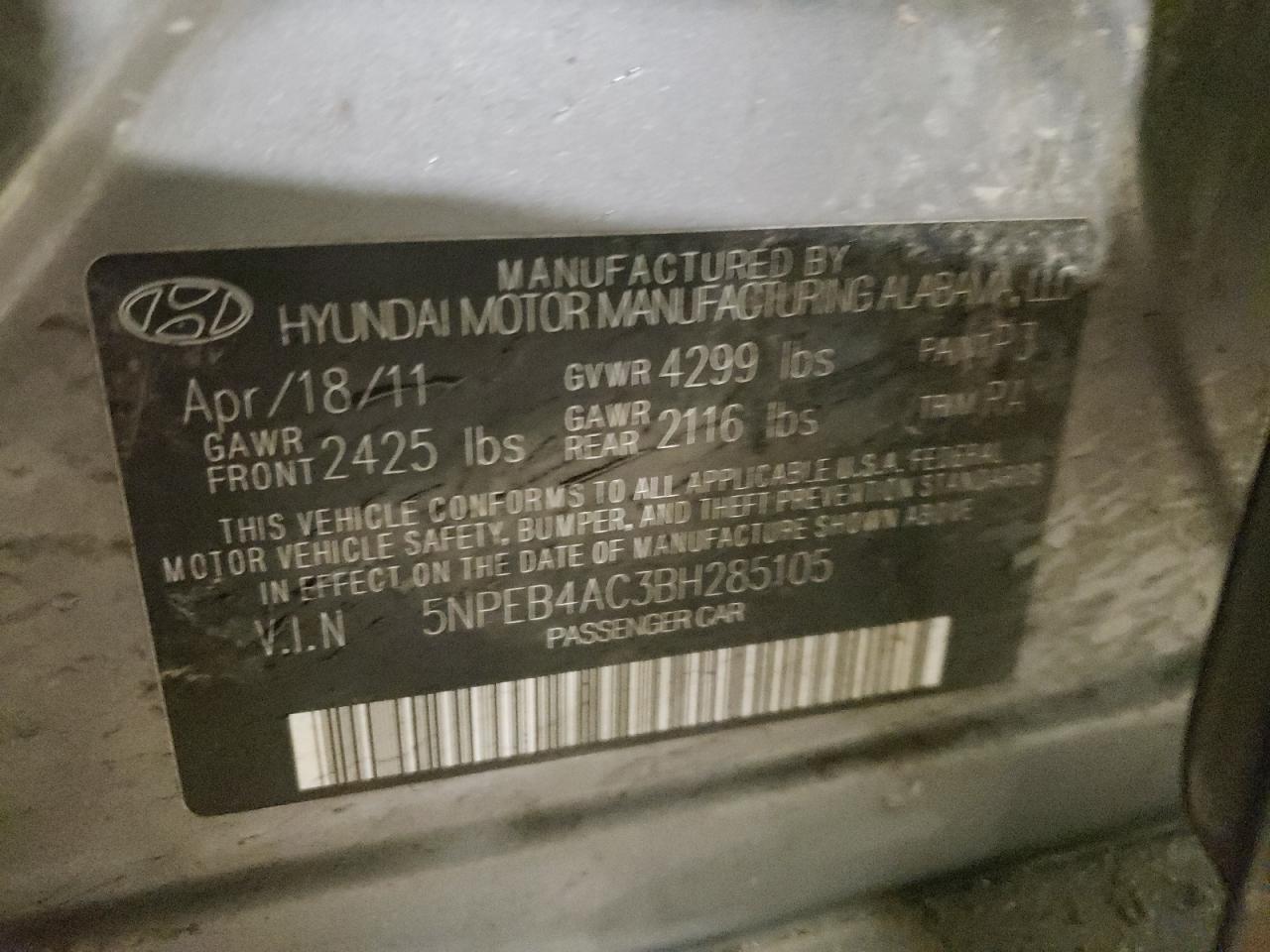 Photo 10 from auction – 2011 HYUNDAI SONATA GLS with VIN 5NPEB4AC3BH285105