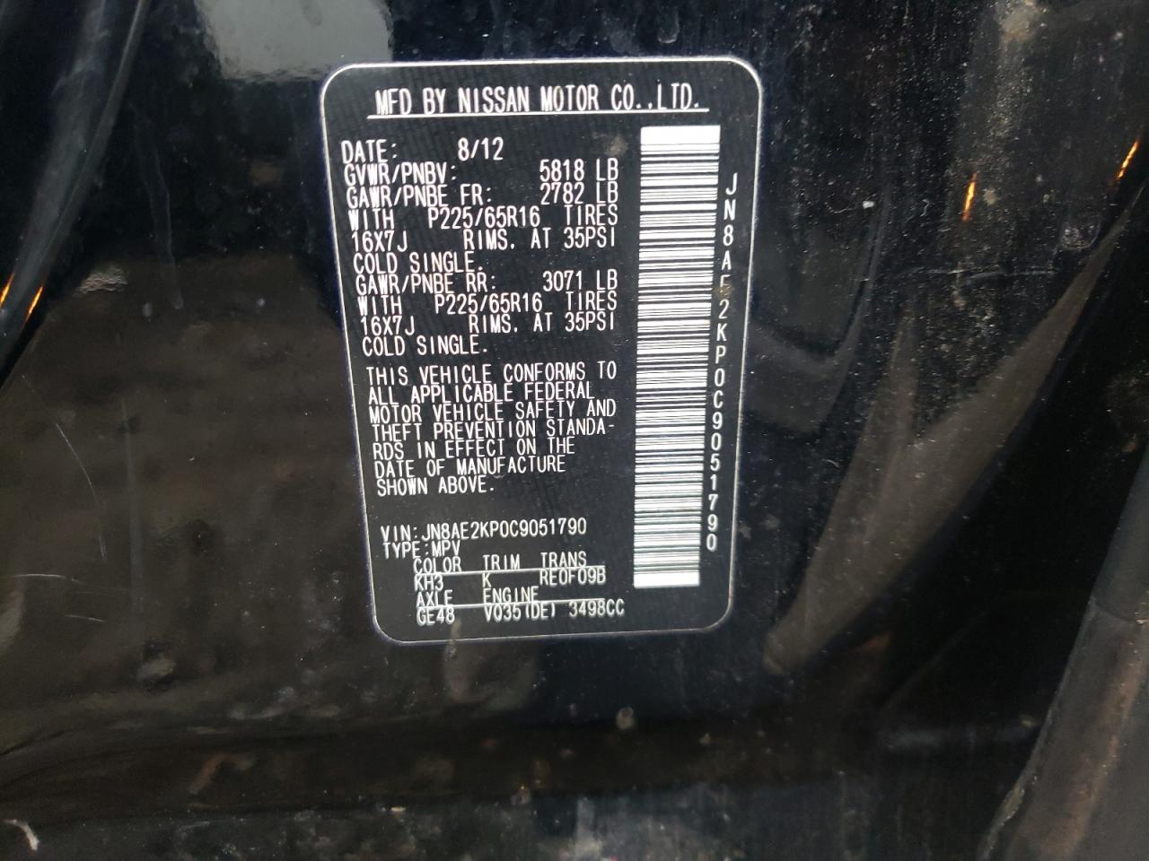 Photo 10 from auction – 2012 NISSAN QUEST S with VIN JN8AE2KP0C9051790