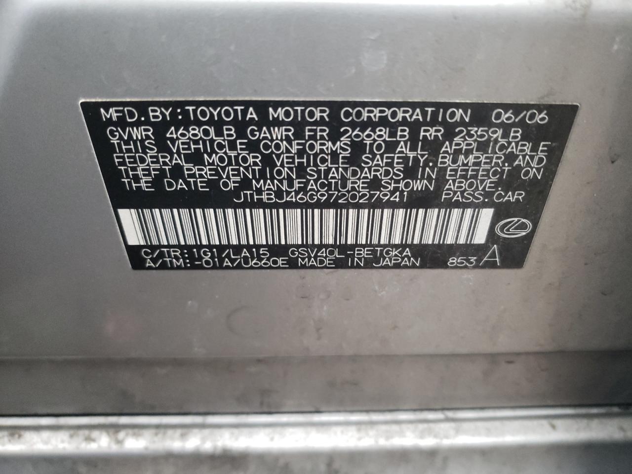 Photo 10 from auction – 2007 LEXUS ES 350 with VIN JTHBJ46G972027941