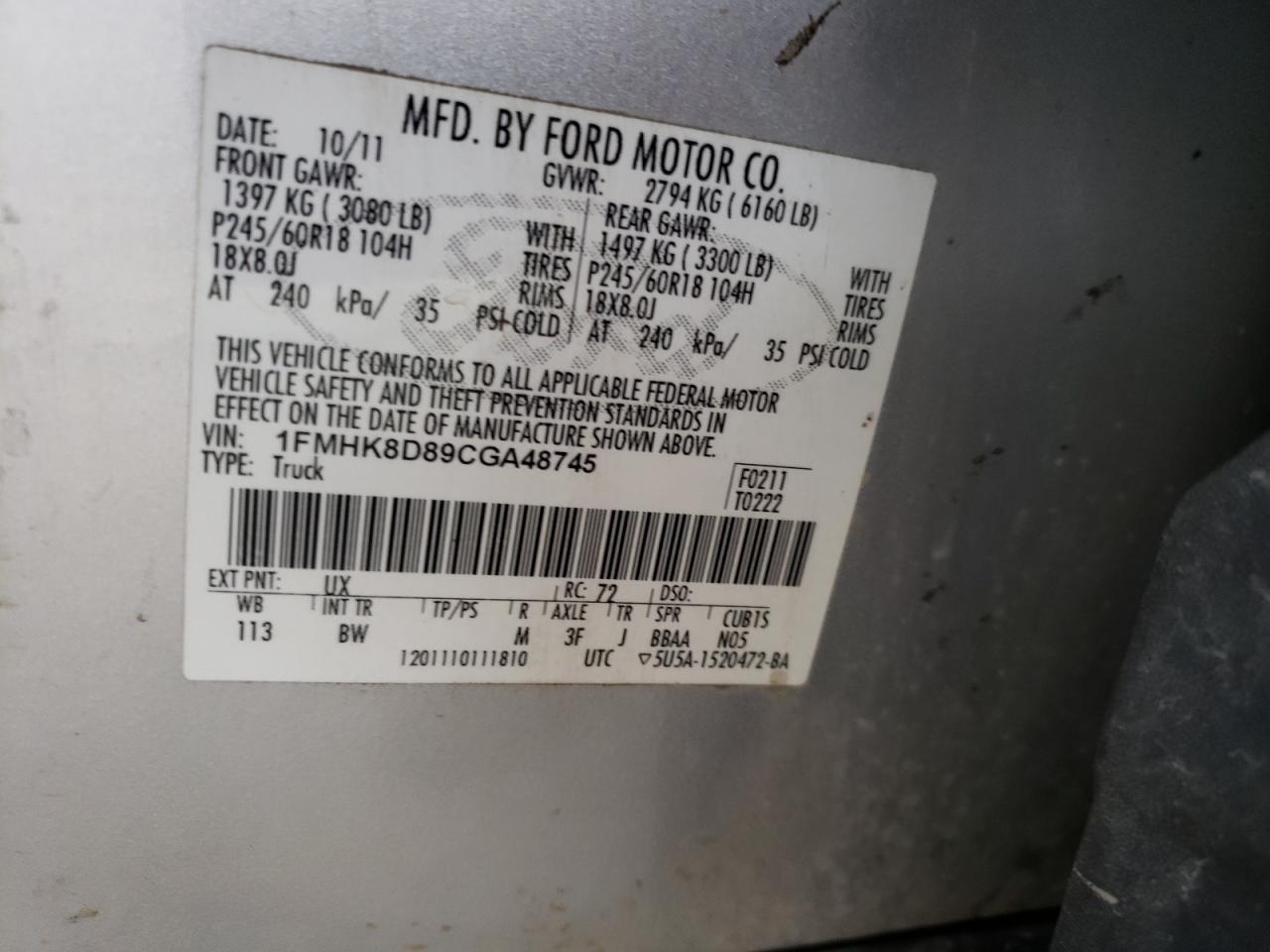 Photo 10 from auction – 2012 FORD EXPLORER X with VIN 1FMHK8D89CGA48745