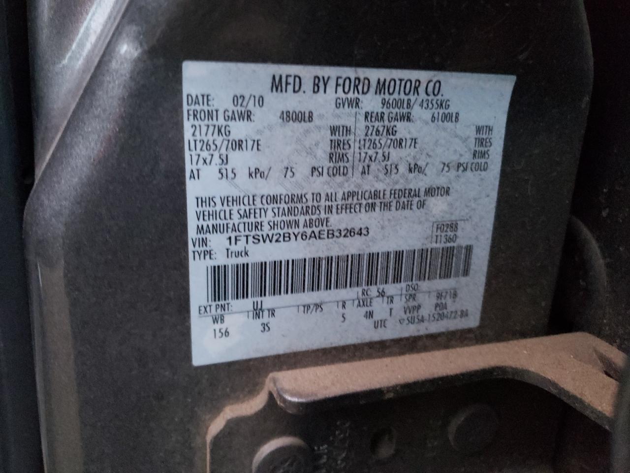 Photo 10 from auction – 2010 FORD F250 SUPER with VIN 1FTSW2BY6AEB32643