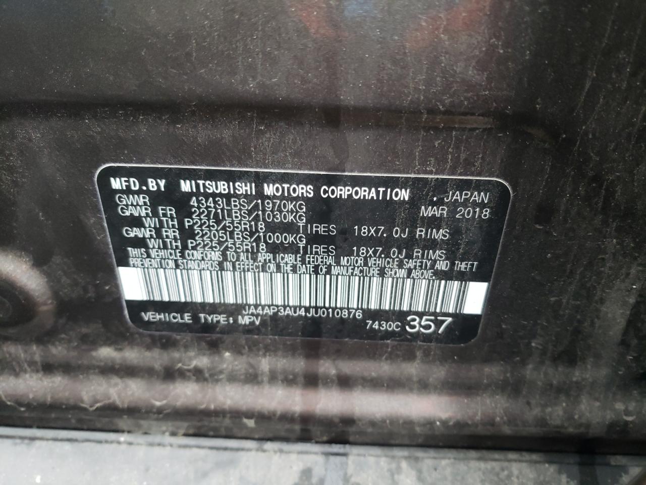 Photo 10 from auction – 2018 MITSUBISHI OUTLANDER with VIN JA4AP3AU4JU010876