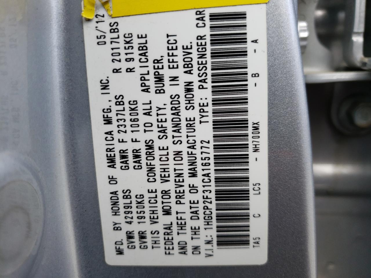 Photo 10 from auction – 2012 HONDA ACCORD LX with VIN 1HGCP2F31CA165772
