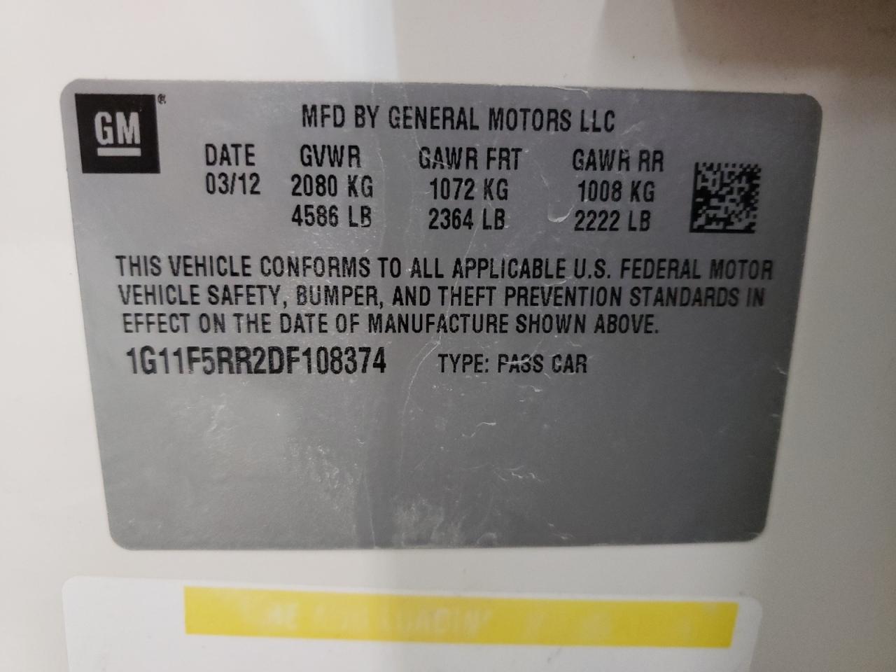 Photo 10 from auction – 2013 CHEVROLET MALIBU 2LT with VIN 1G11F5RR2DF108374