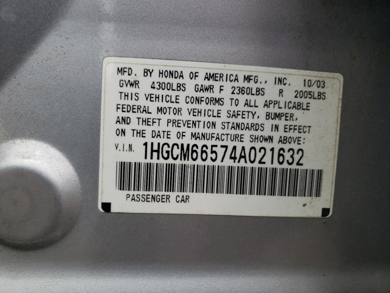 Photo 10 from auction – 2004 HONDA ACCORD EX with VIN 1HGCM66574A021632