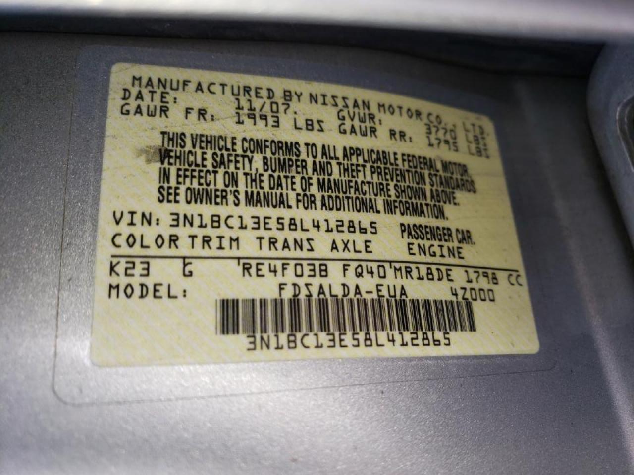 Photo 10 from auction – 2008 NISSAN VERSA S with VIN 3N1BC13E58L412865