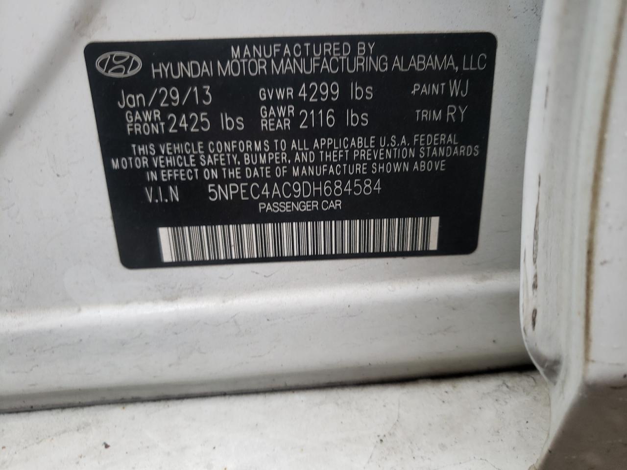 Photo 10 from auction – 2013 HYUNDAI SONATA SE with VIN 5NPEC4AC9DH684584
