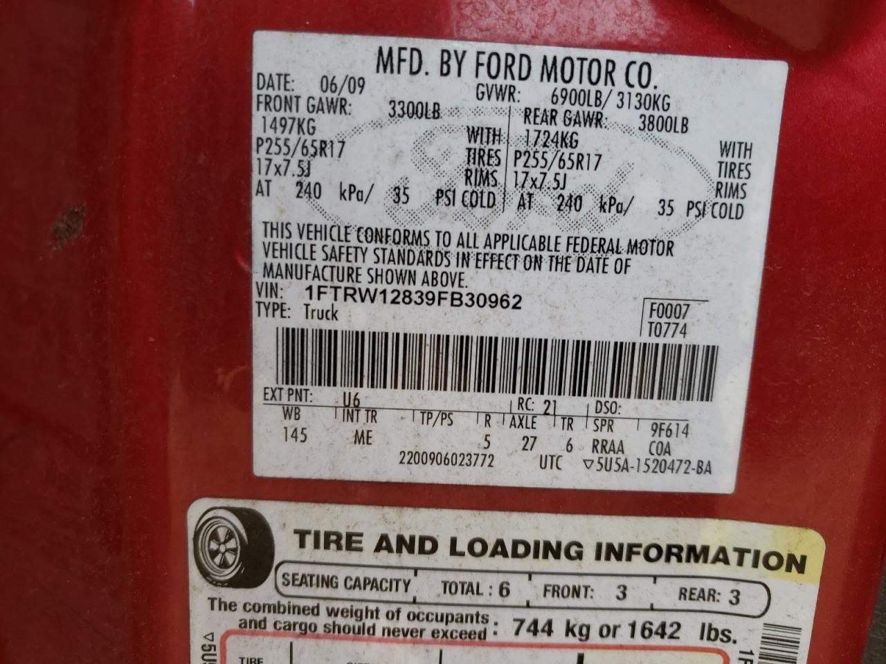 Photo 10 from auction – 2009 FORD F150 SUPER with VIN 1FTRW12839FB30962