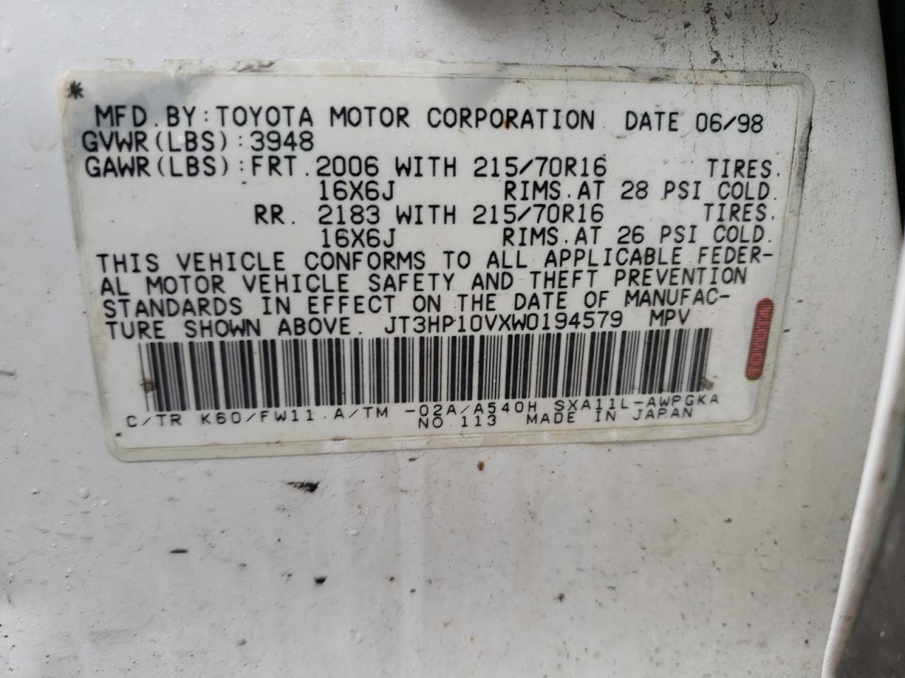 Photo 10 from auction – 1998 TOYOTA RAV4 with VIN JT3HP10VXW0194579