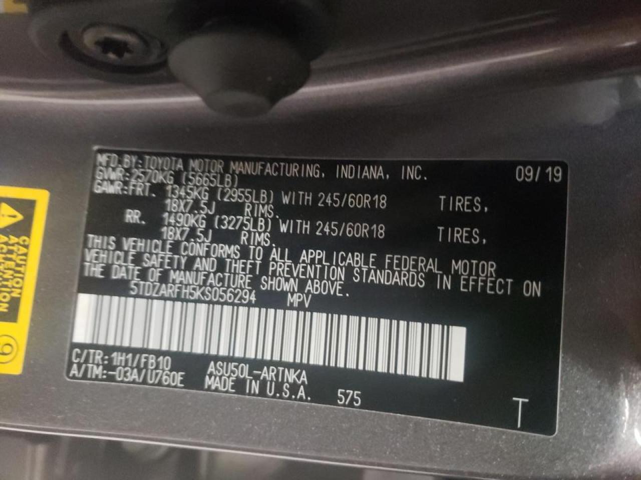 Photo 10 from auction – 2019 TOYOTA HIGHLANDER with VIN 5TDZARFH5KS056294