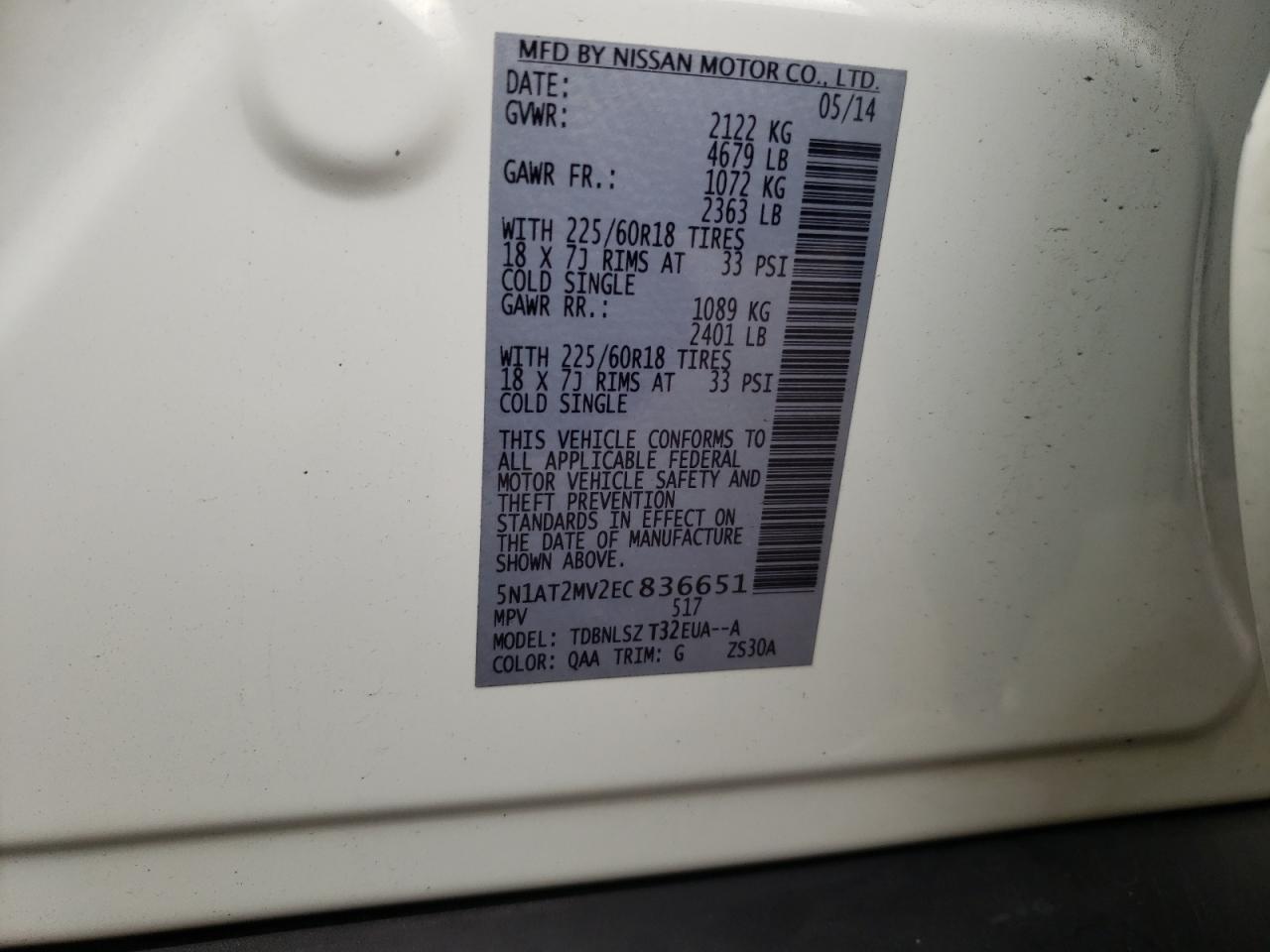 Photo 10 from auction – 2014 NISSAN ROGUE S with VIN 5N1AT2MV2EC836651