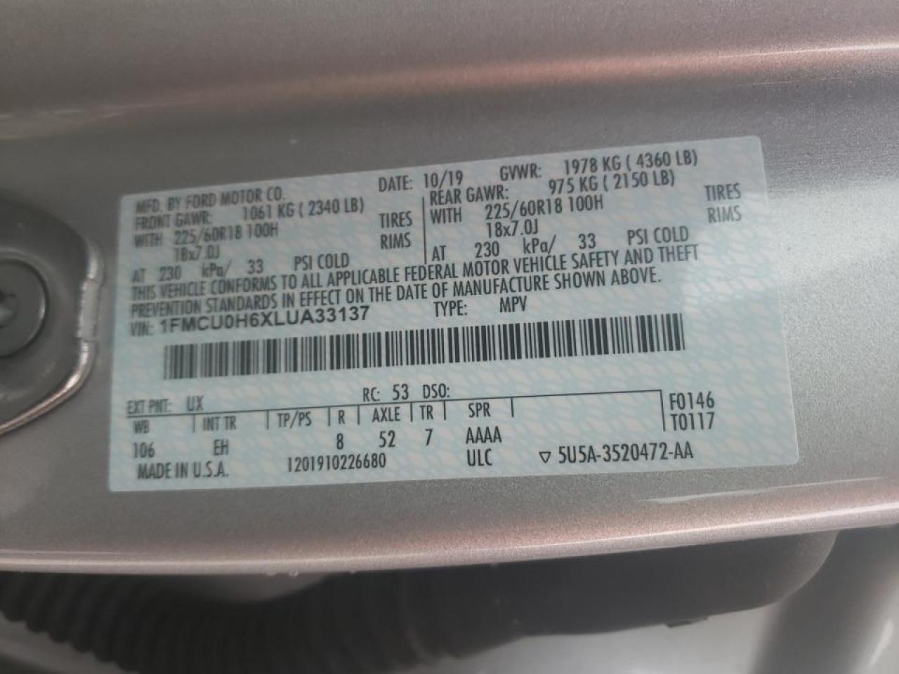 Photo 10 from auction – 2020 FORD ESCAPE SEL with VIN 1FMCU0H6XLUA33137