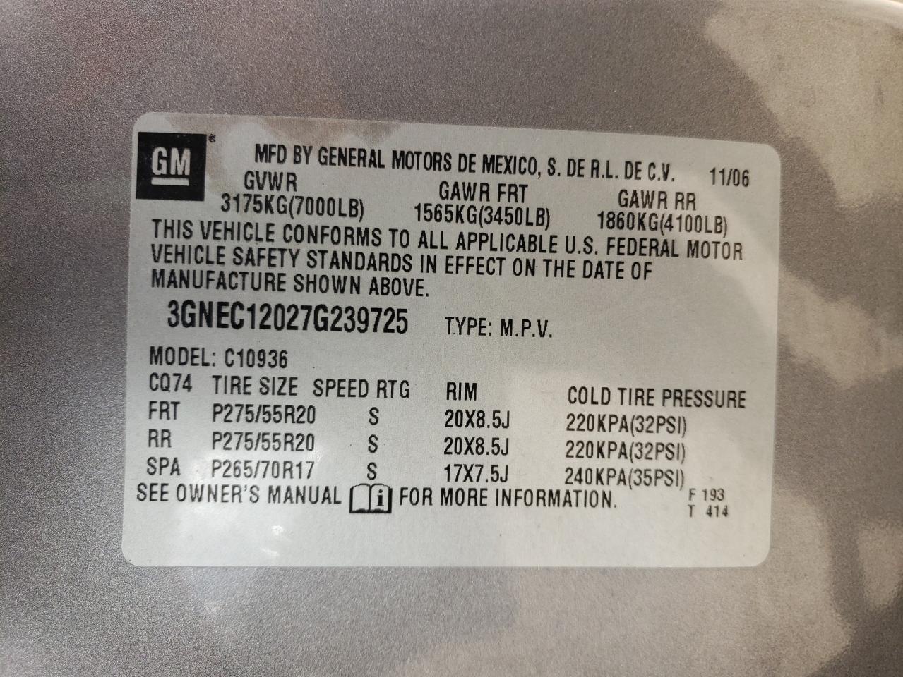 Photo 10 from auction – 2007 CHEVROLET AVALANCHE with VIN 3GNEC12027G239725