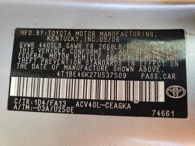 Photo 10 from auction – 2007 TOYOTA CAMRY CE with VIN 4T1BE46K27U537509