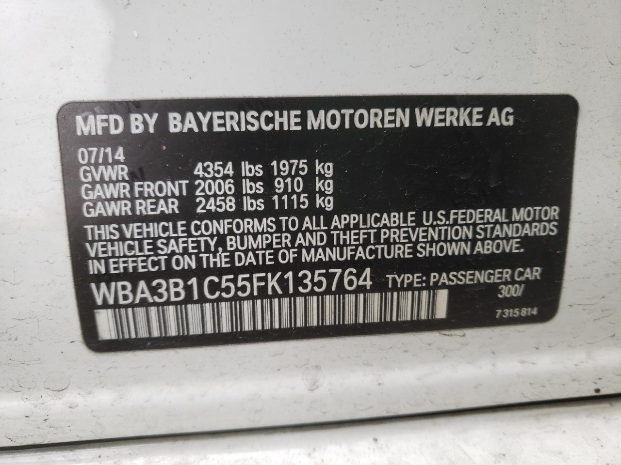 Photo 10 from auction – 2015 BMW 320 I with VIN WBA3B1C55FK135764