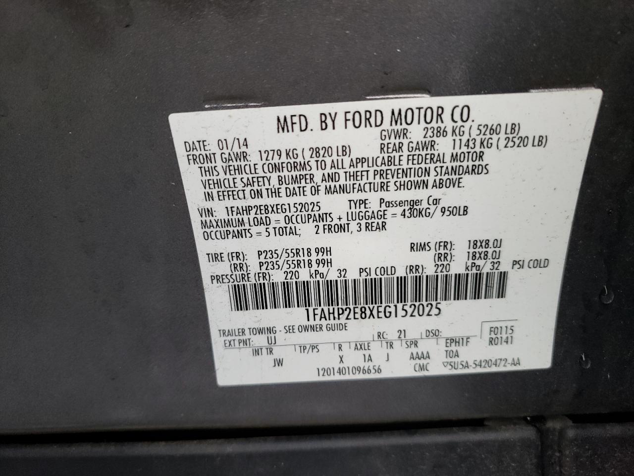 Photo 10 from auction – 2014 FORD TAURUS SEL with VIN 1FAHP2E8XEG152025