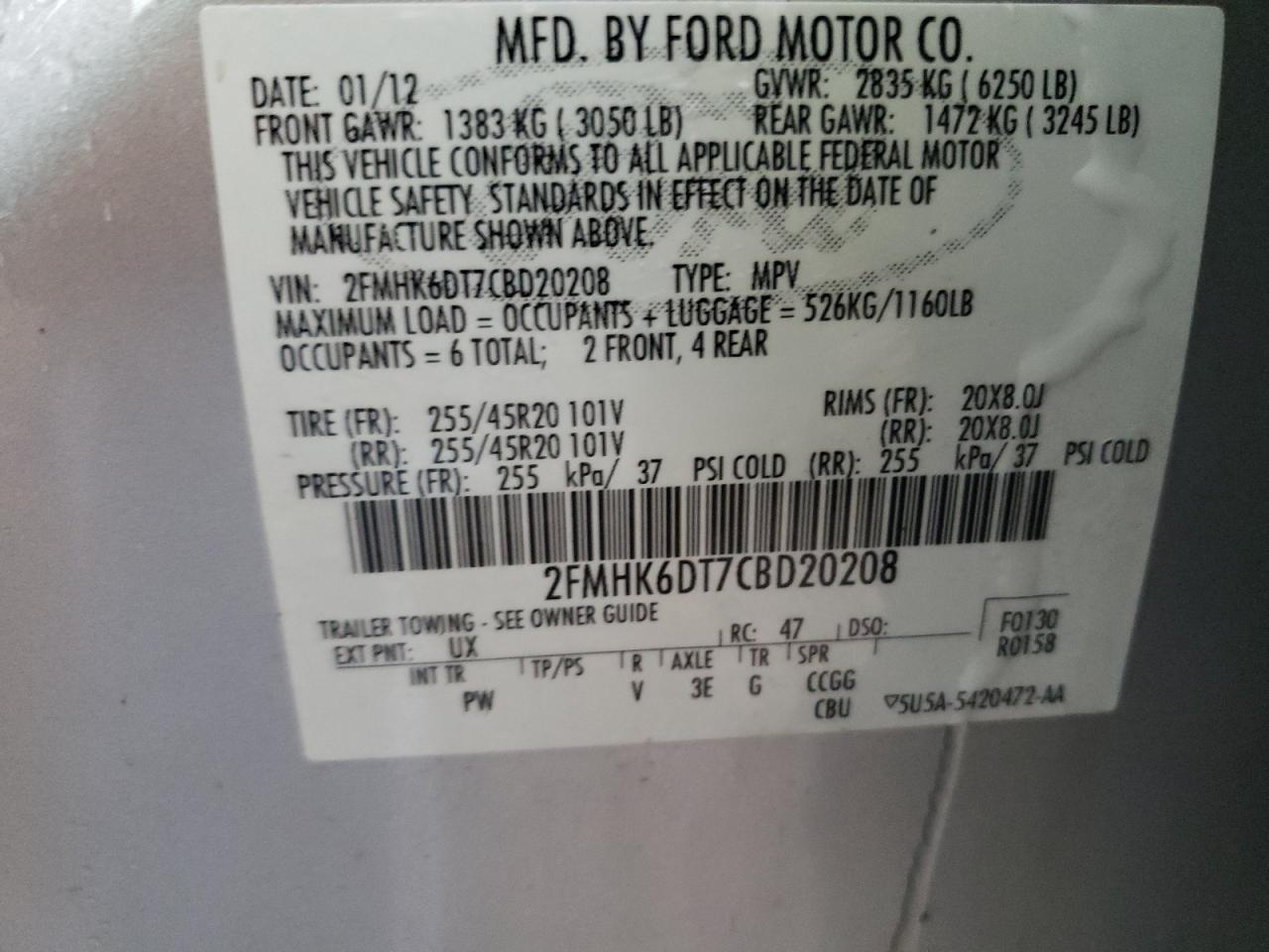 Photo 10 from auction – 2012 FORD FLEX LIMIT with VIN 2FMHK6DT7CBD20208