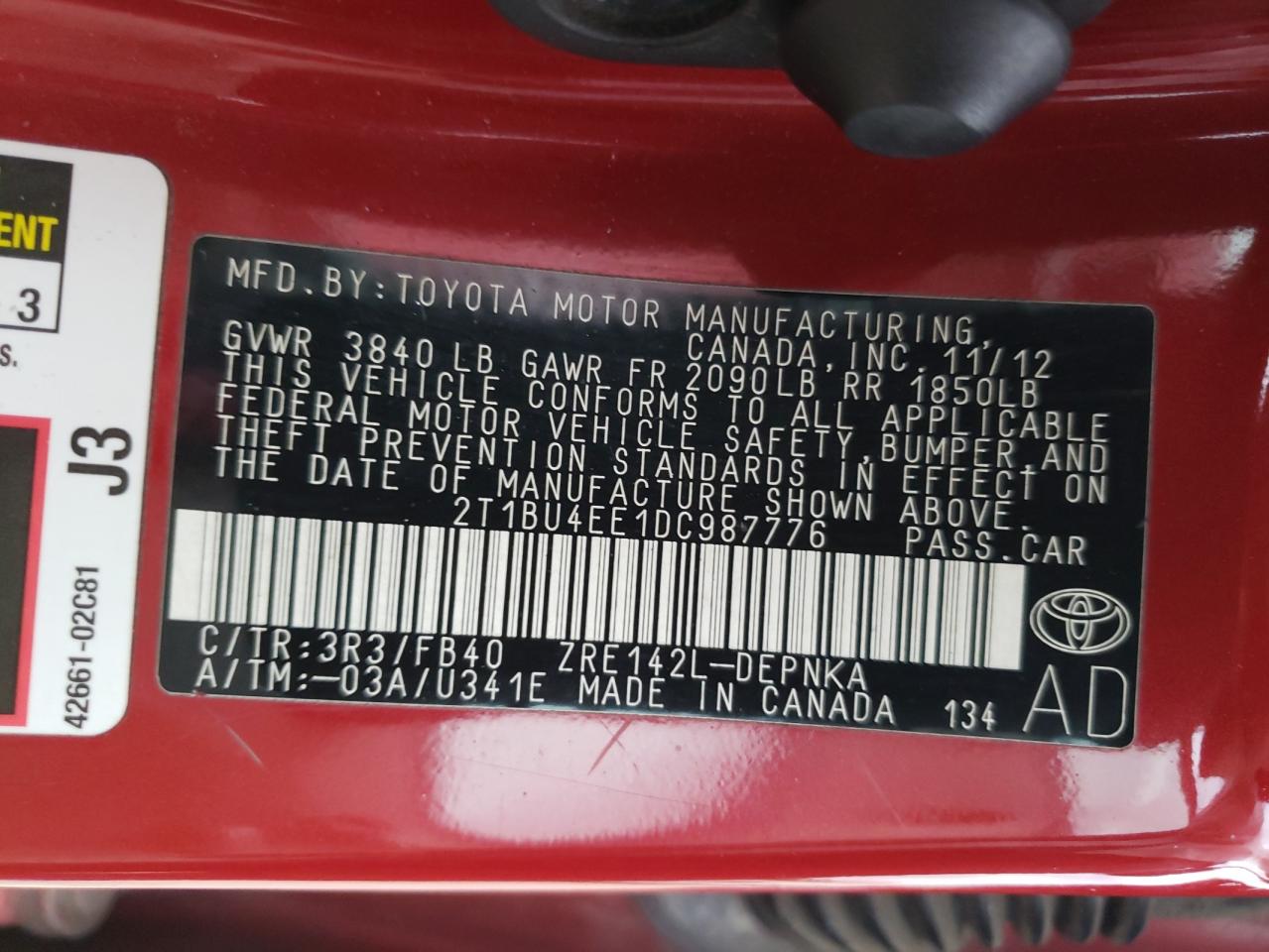 Photo 10 from auction – 2013 TOYOTA COROLLA LE with VIN 2T1BU4EE1DC987776